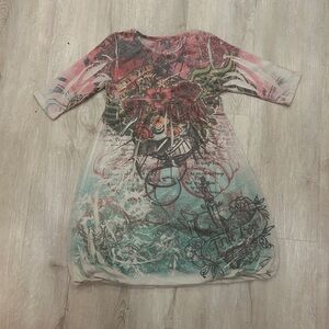 Julie’s Closet Y2K Graphic baby doll Tunic Dress Top Fairytale Alt Print M